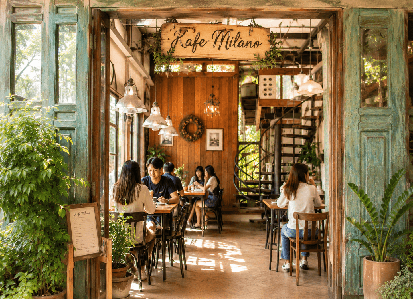 cafe interior with hanging bulbs and table